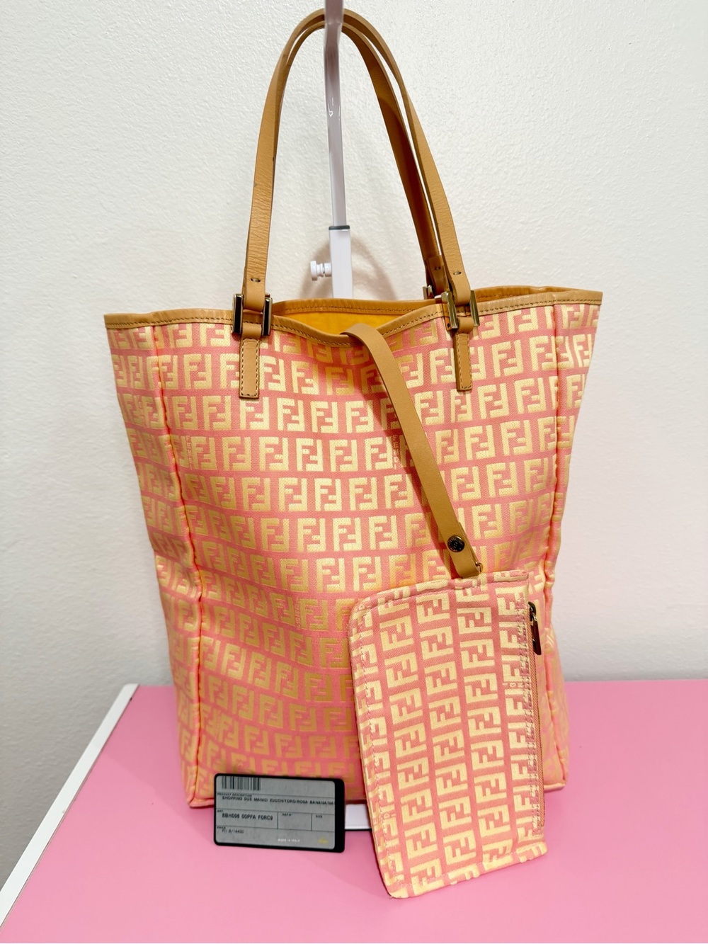Fendi Pink and Tan Zucca Monogram Tote with Pouch
